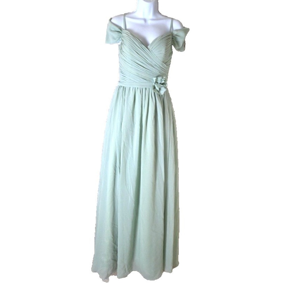 Green Chiffon Maxi Dress S Corset Off Shoulder Flower Accent Lined Special Event - Picture 2 of 8